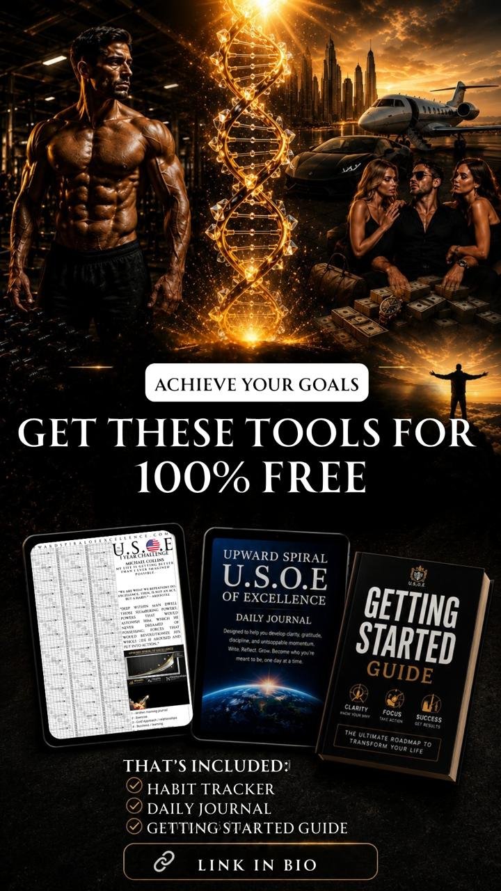 free goal achievement tools, USOE daily journal, getting started guide, habit tracker free, upward spiral of excellence, link in bio, free self improvement resources